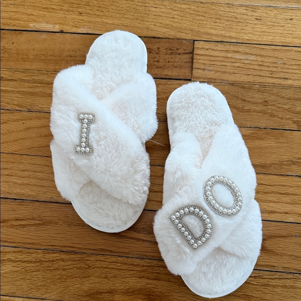 White Fuzzy 'I DO' Slippers